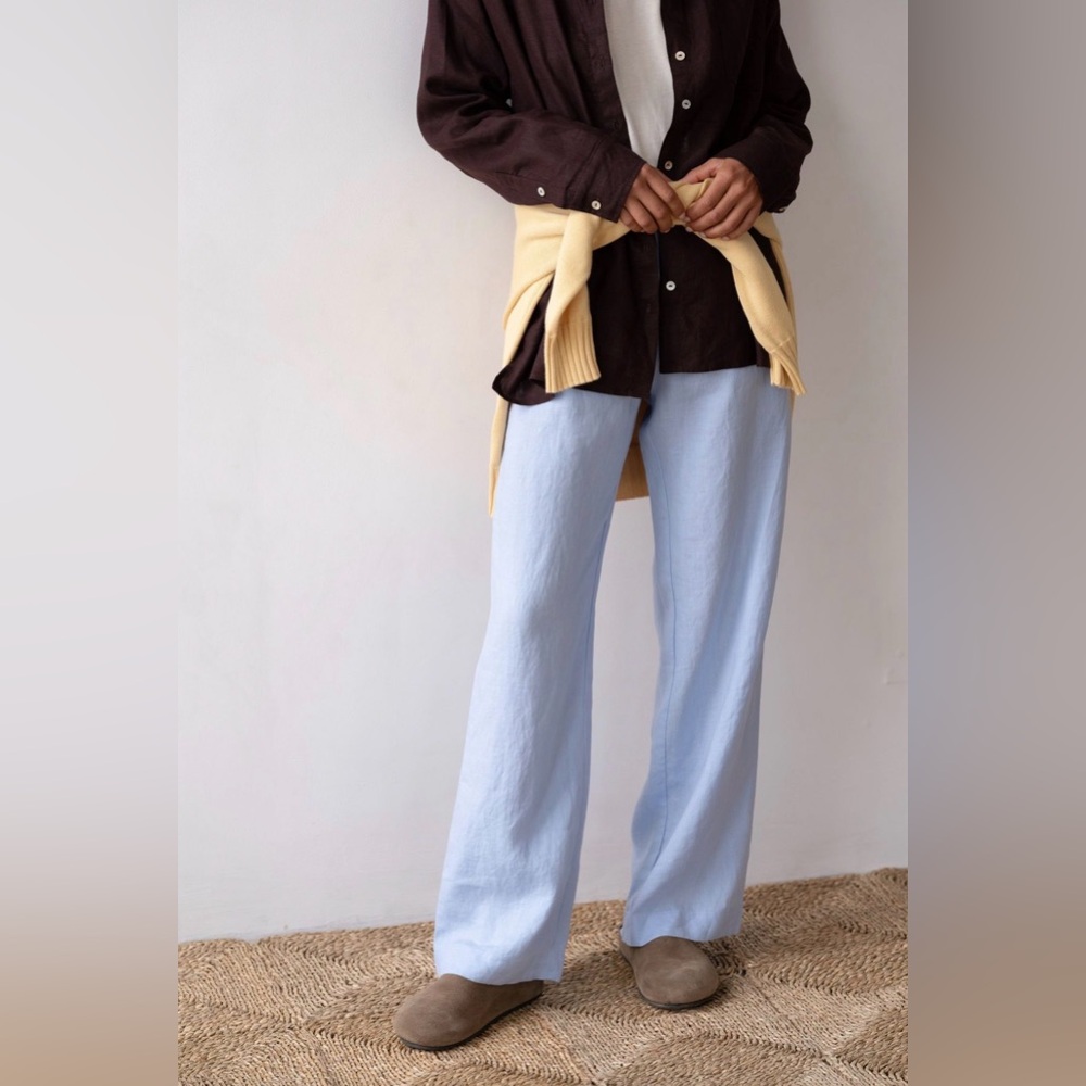 Donni Drawstring Linen Light Blue Pants Small